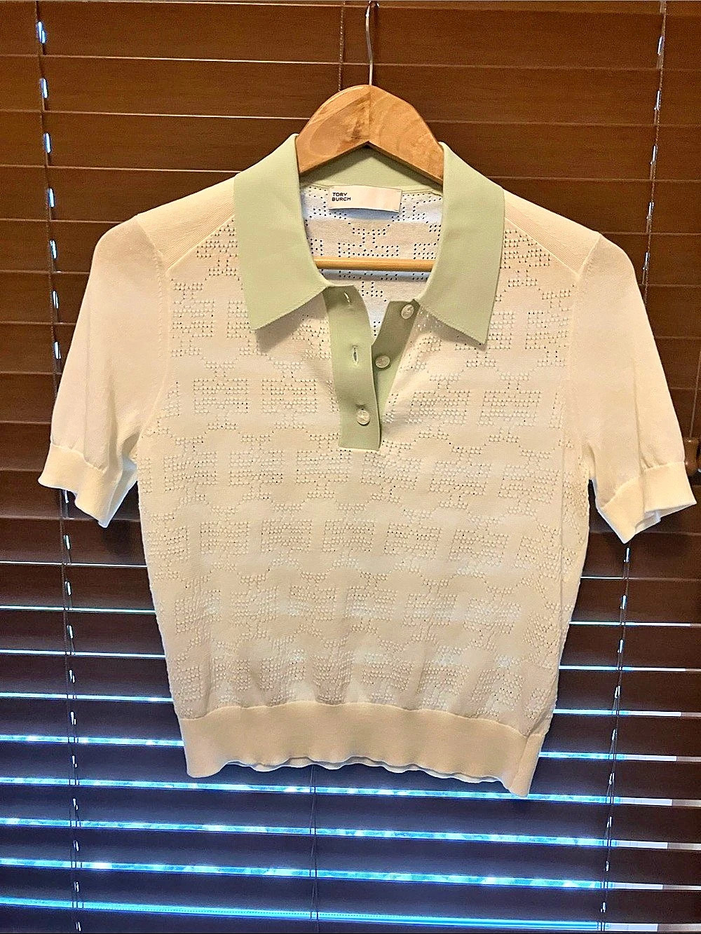 Tory Burch T Monogram Pointelle Polo in Cream & Green